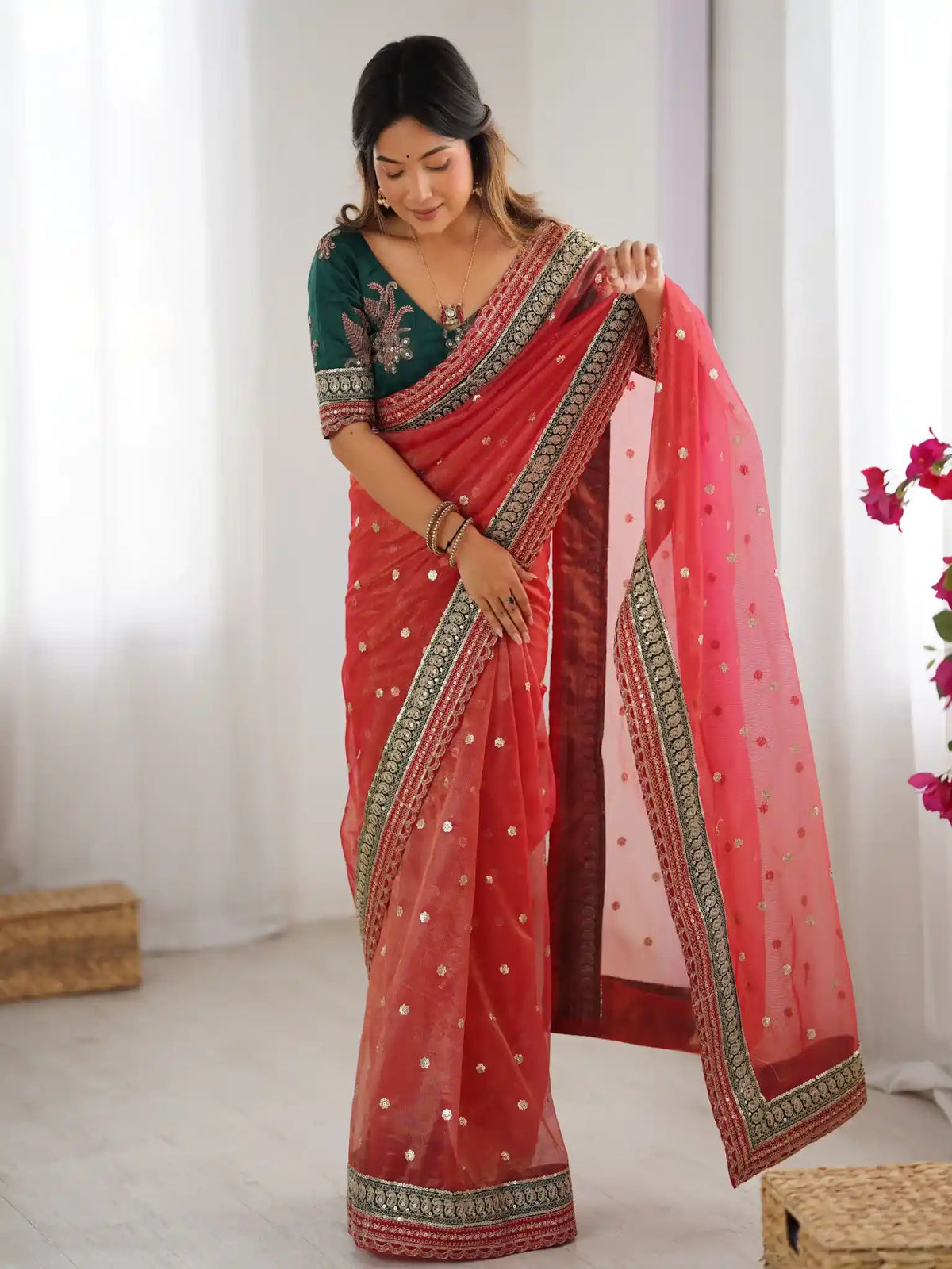Red Banarasi Crush Coding & Sequence Embroidered Saree - View 3