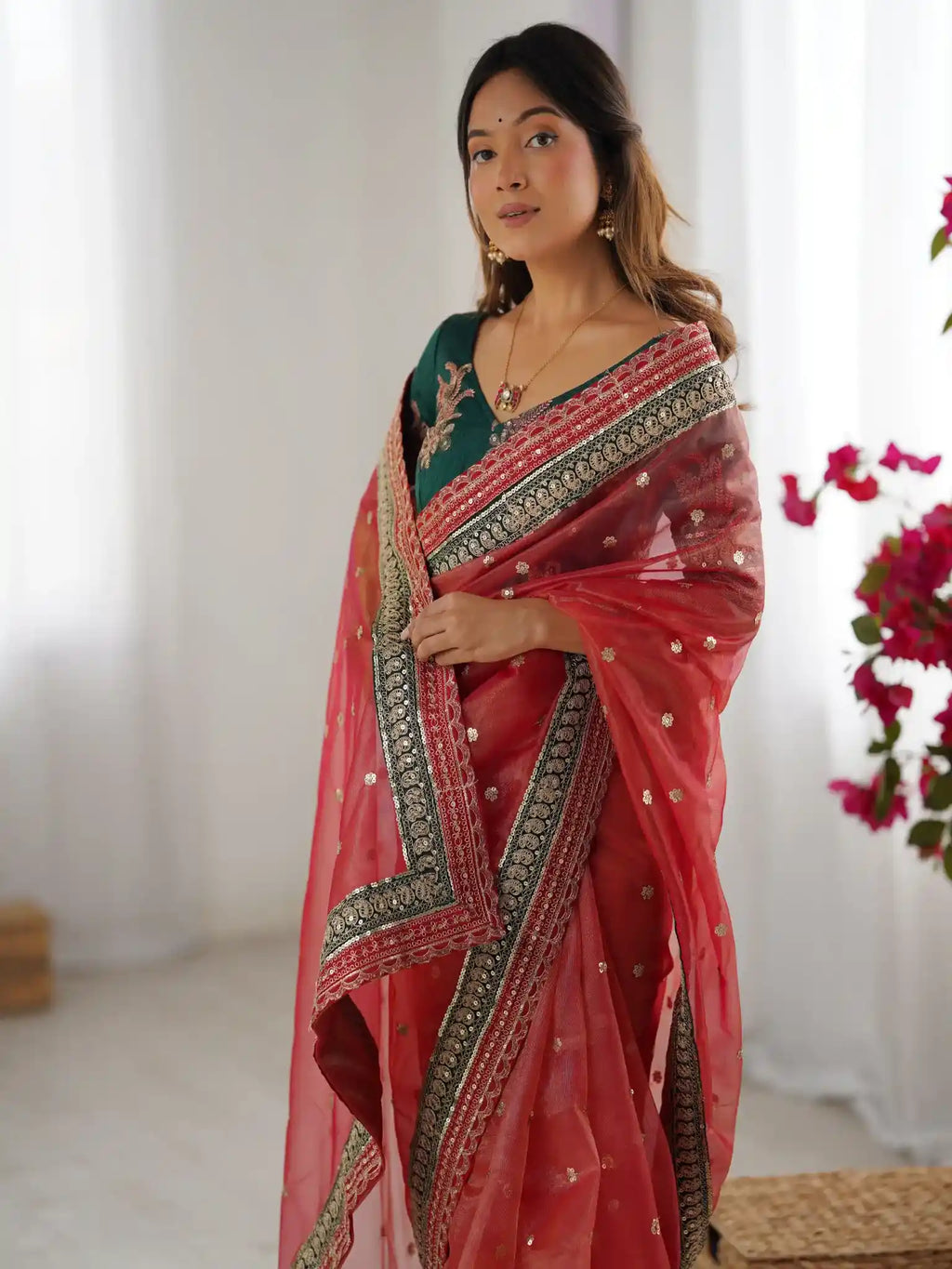 Red Banarasi Crush Coding & Sequence Embroidered Saree - View 4