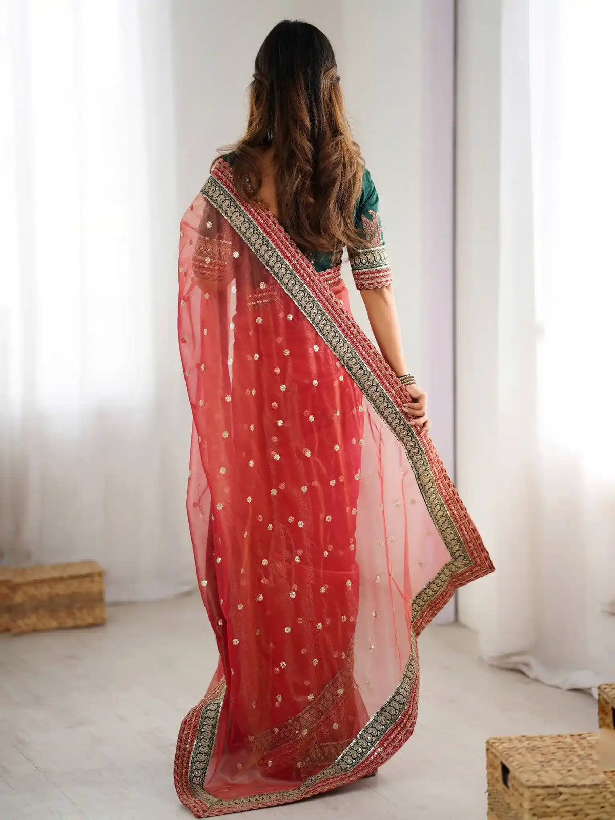 Red Banarasi Crush Coding & Sequence Embroidered Saree - View 5