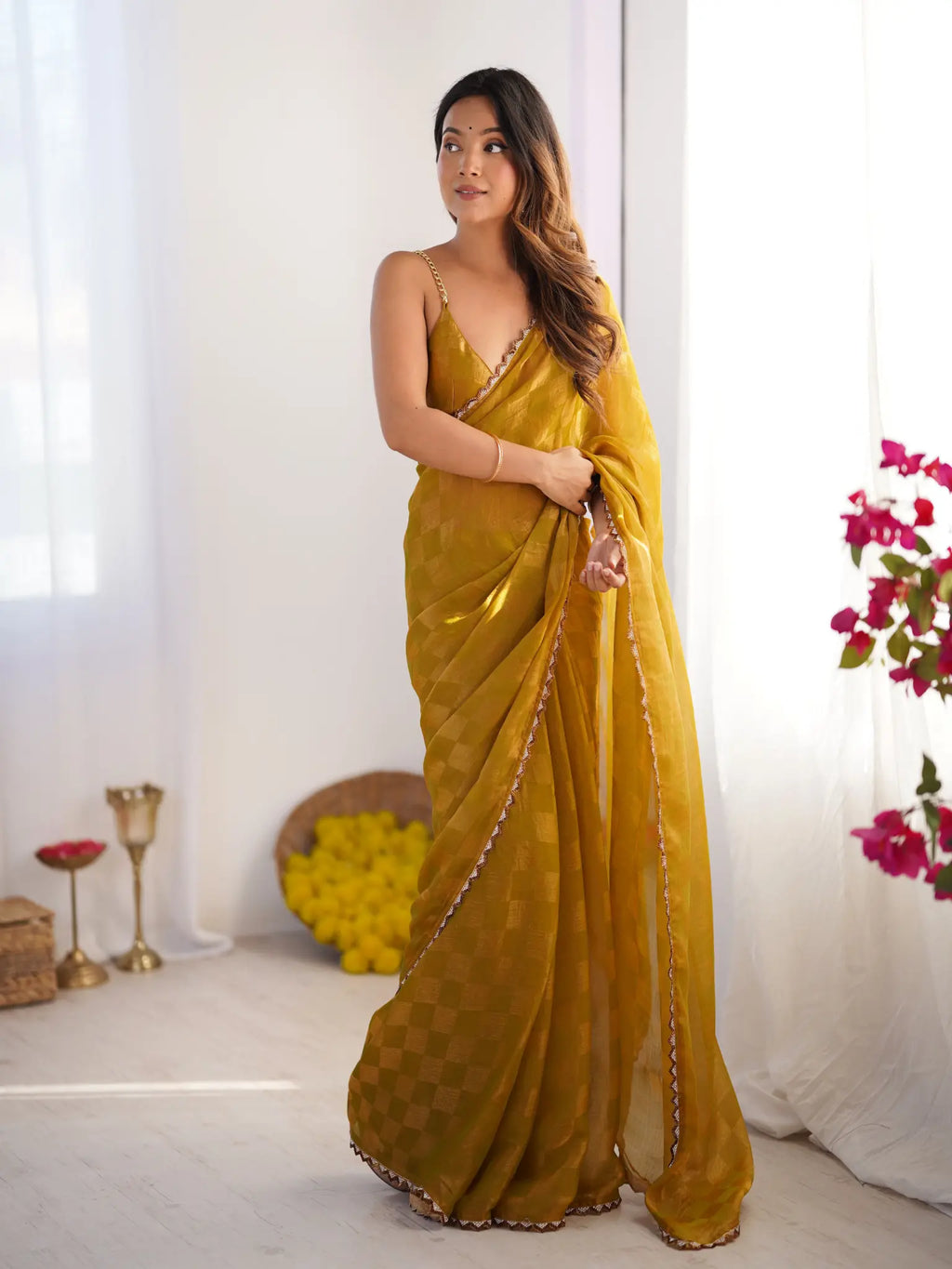 Mustard Chiffon Check Cutdana Lace Saree - View 1