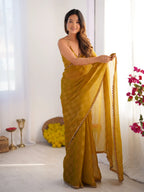 Mustard Chiffon Check Cutdana Lace Saree - View 2
