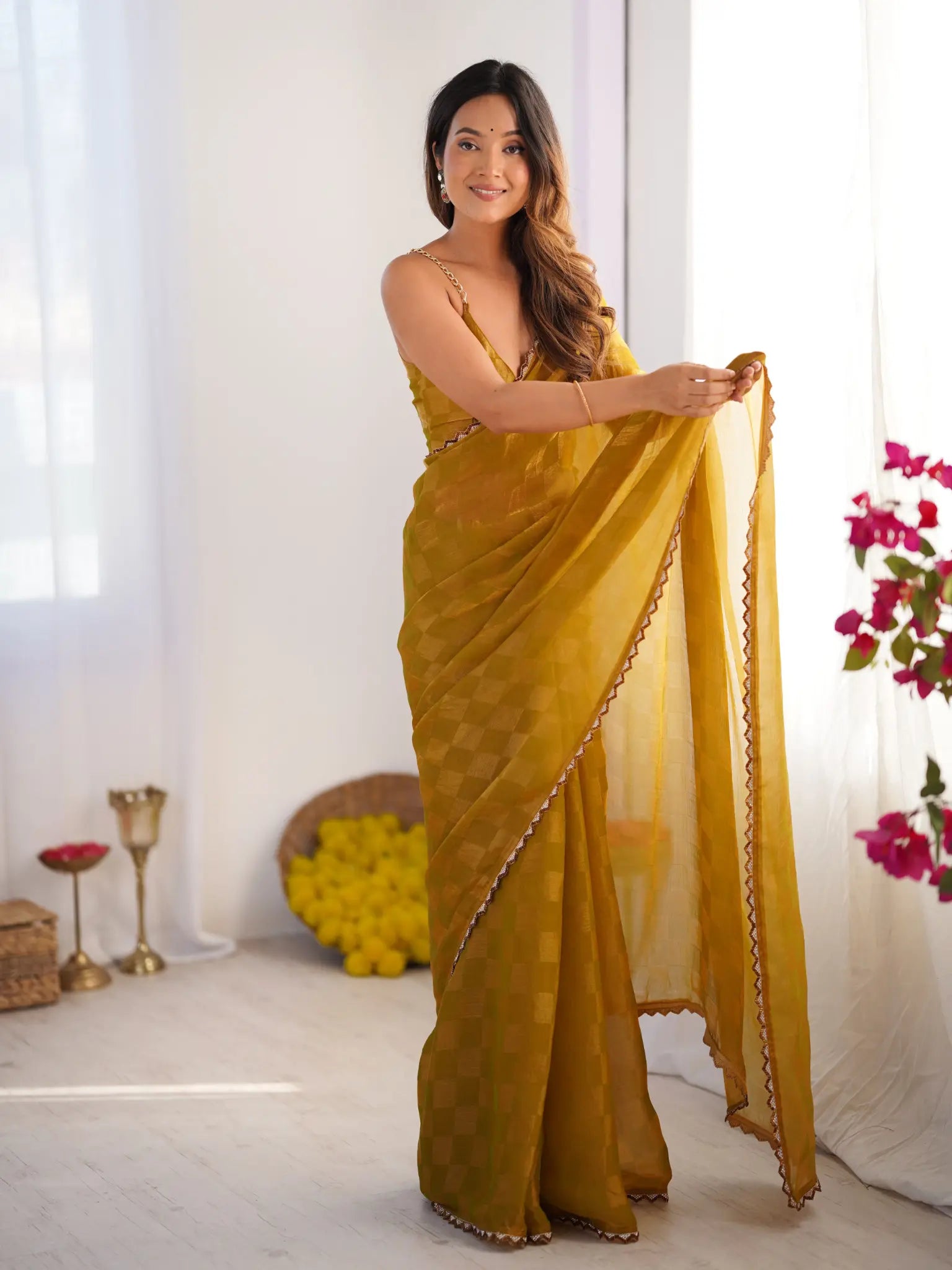 Mustard Chiffon Check Cutdana Lace Saree - View 2