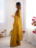Mustard Chiffon Check Cutdana Lace Saree - View 3