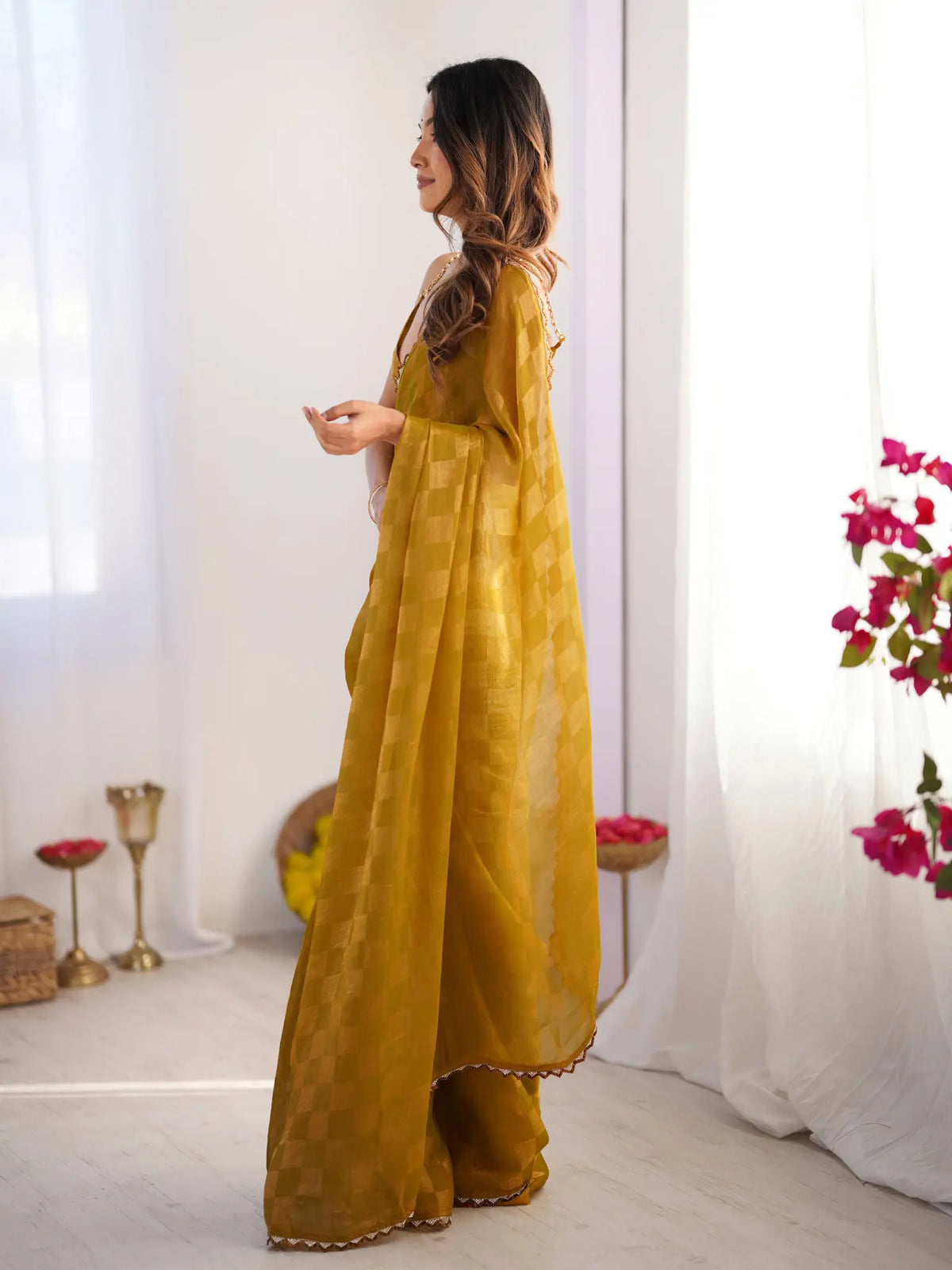 Mustard Chiffon Check Cutdana Lace Saree - View 3