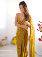 Mustard Chiffon Check Cutdana Lace Saree - View 4