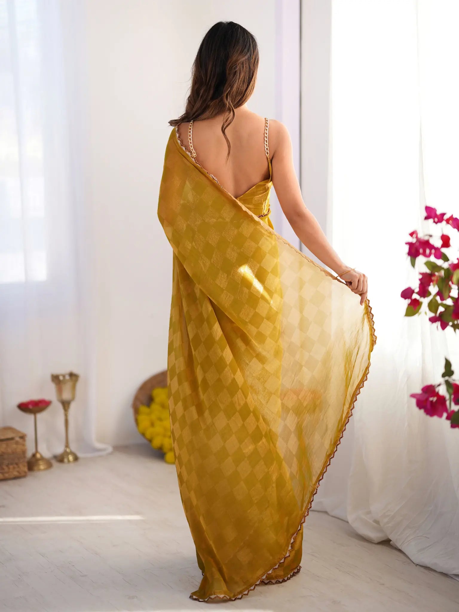 Mustard Chiffon Check Cutdana Lace Saree - View 5