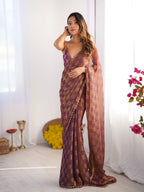 Onion Pink Chiffon Check Cutdana Lace Saree - View 2