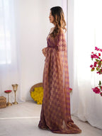 Onion Pink Chiffon Check Cutdana Lace Saree - View 3