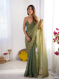 Pista Green Chiffon Check Cutdana Lace Saree