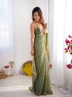 Pista Green Chiffon Check Cutdana Lace Saree - View 2