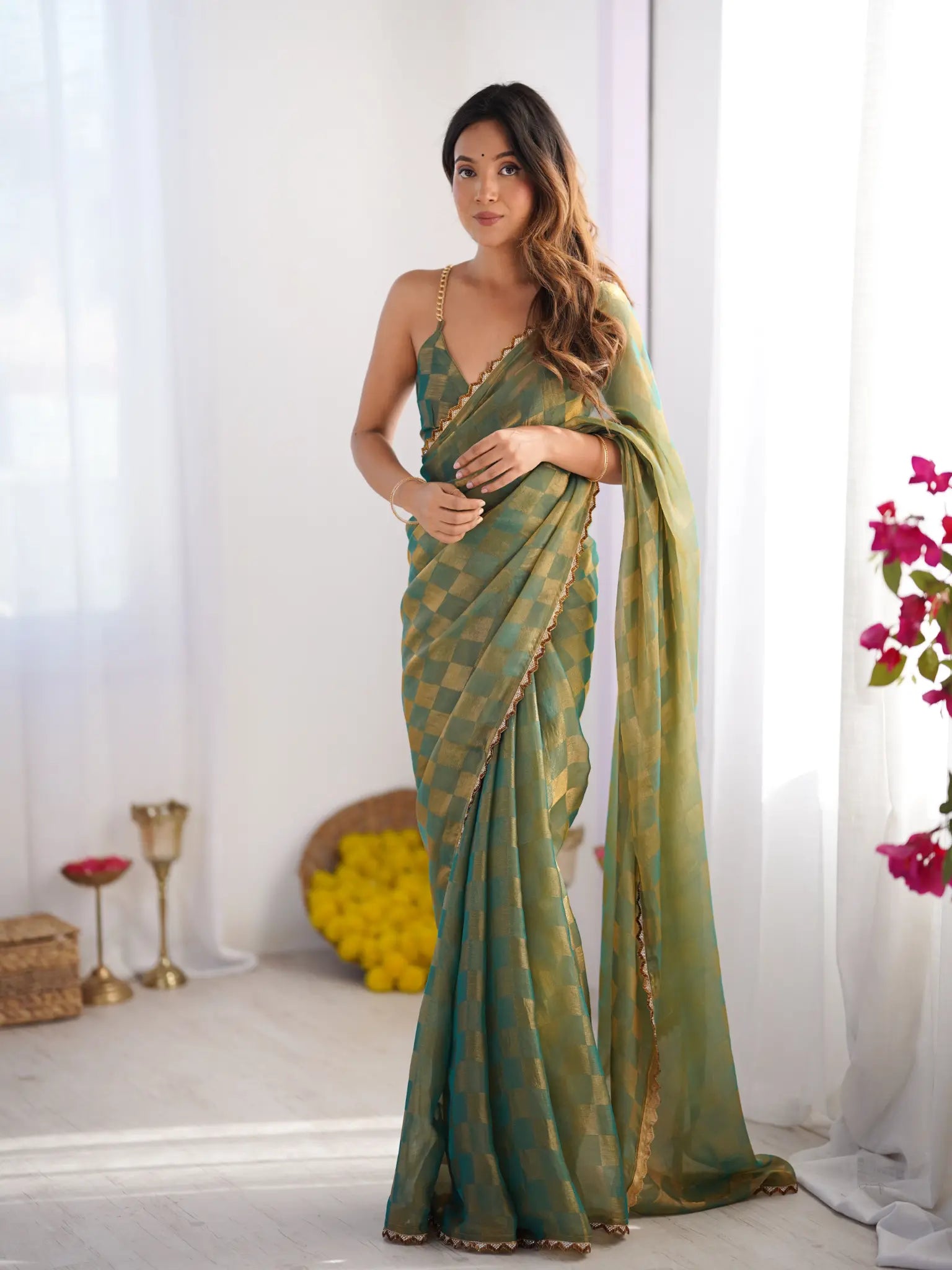 Pista Green Chiffon Check Cutdana Lace Saree - View 3