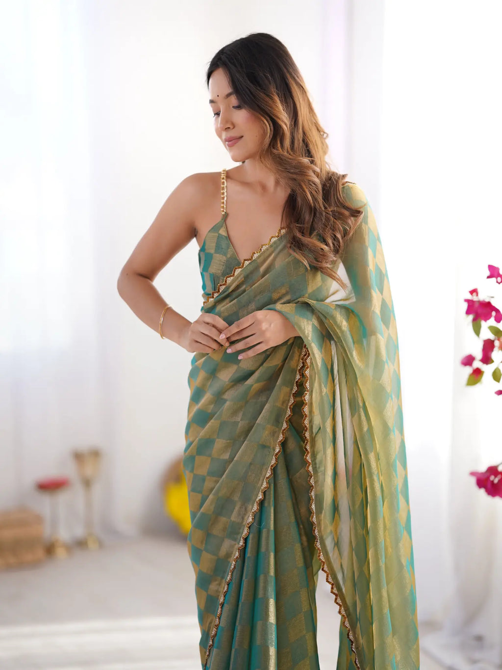 Pista Green Chiffon Check Cutdana Lace Saree - View 4