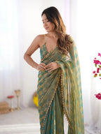 Pista Green Chiffon Check Cutdana Lace Saree - View 4