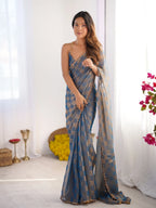 Sky Blue Chiffon Check Cutdana Lace Saree - View 2