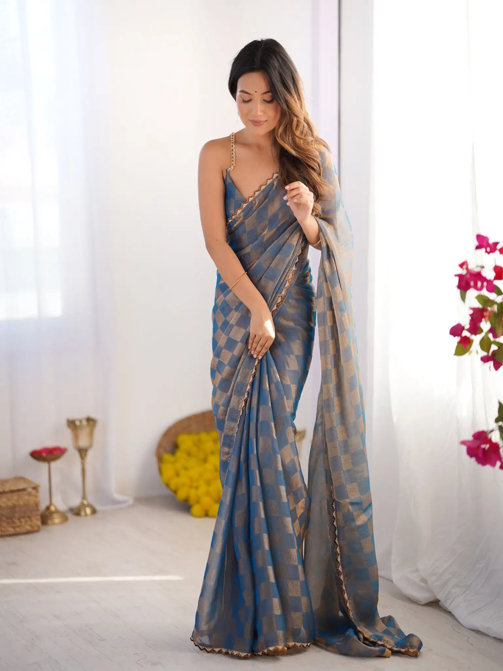Sky Blue Chiffon Check Cutdana Lace Saree - View 3