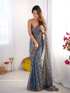 Sky Blue Chiffon Check Cutdana Lace Saree - View 3