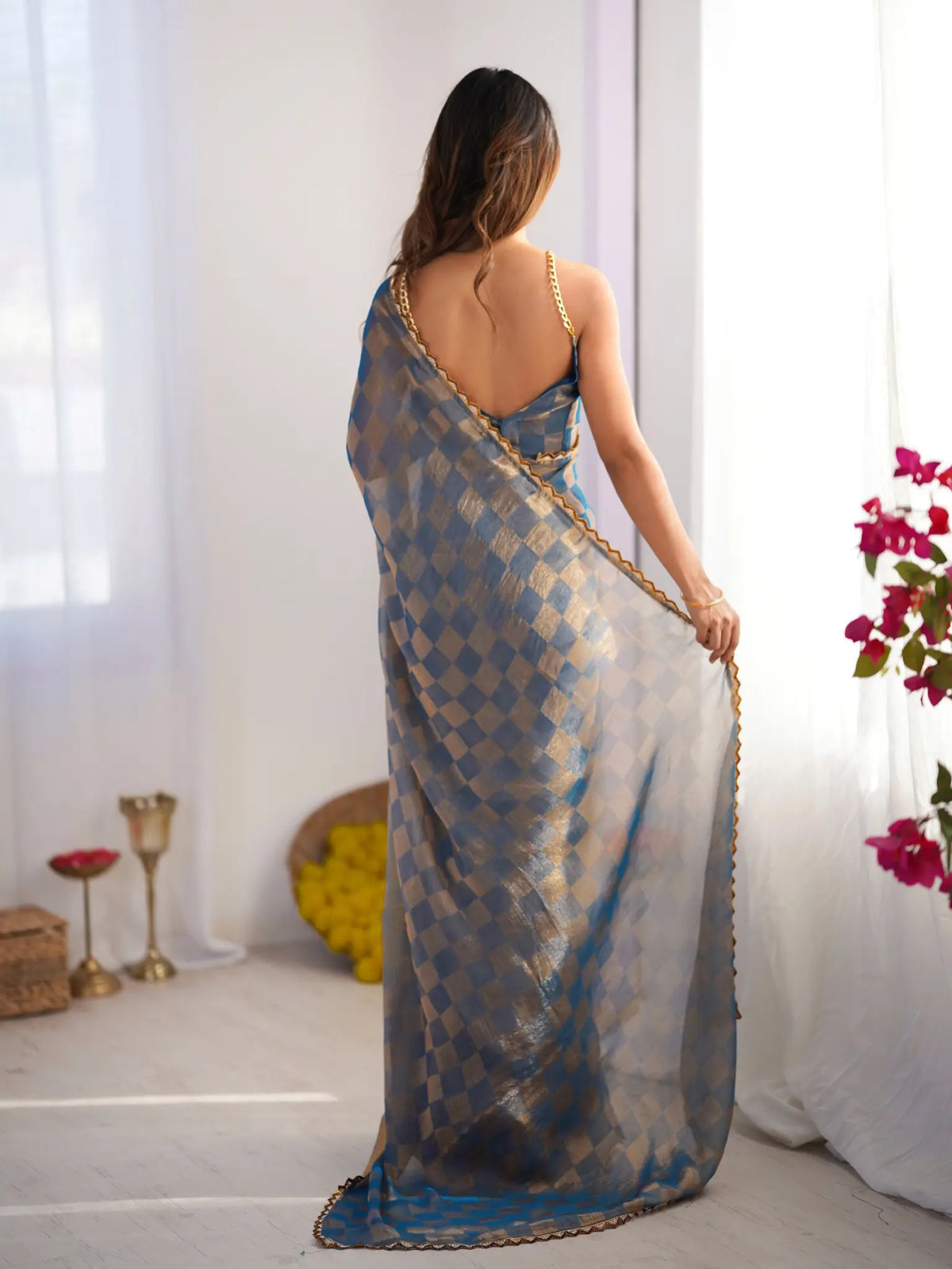 Sky Blue Chiffon Check Cutdana Lace Saree - View 5