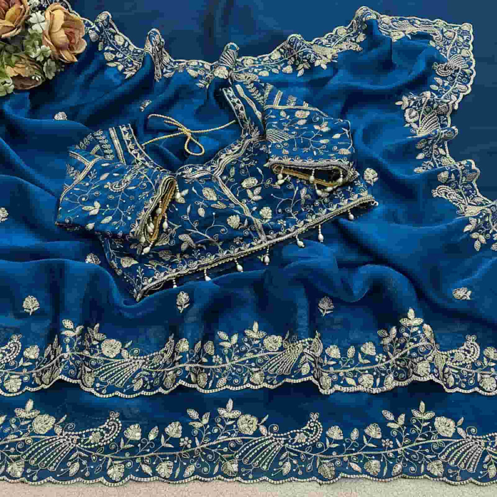 Royal Blue Embroidered Saree with Stitched Blouse Size 40