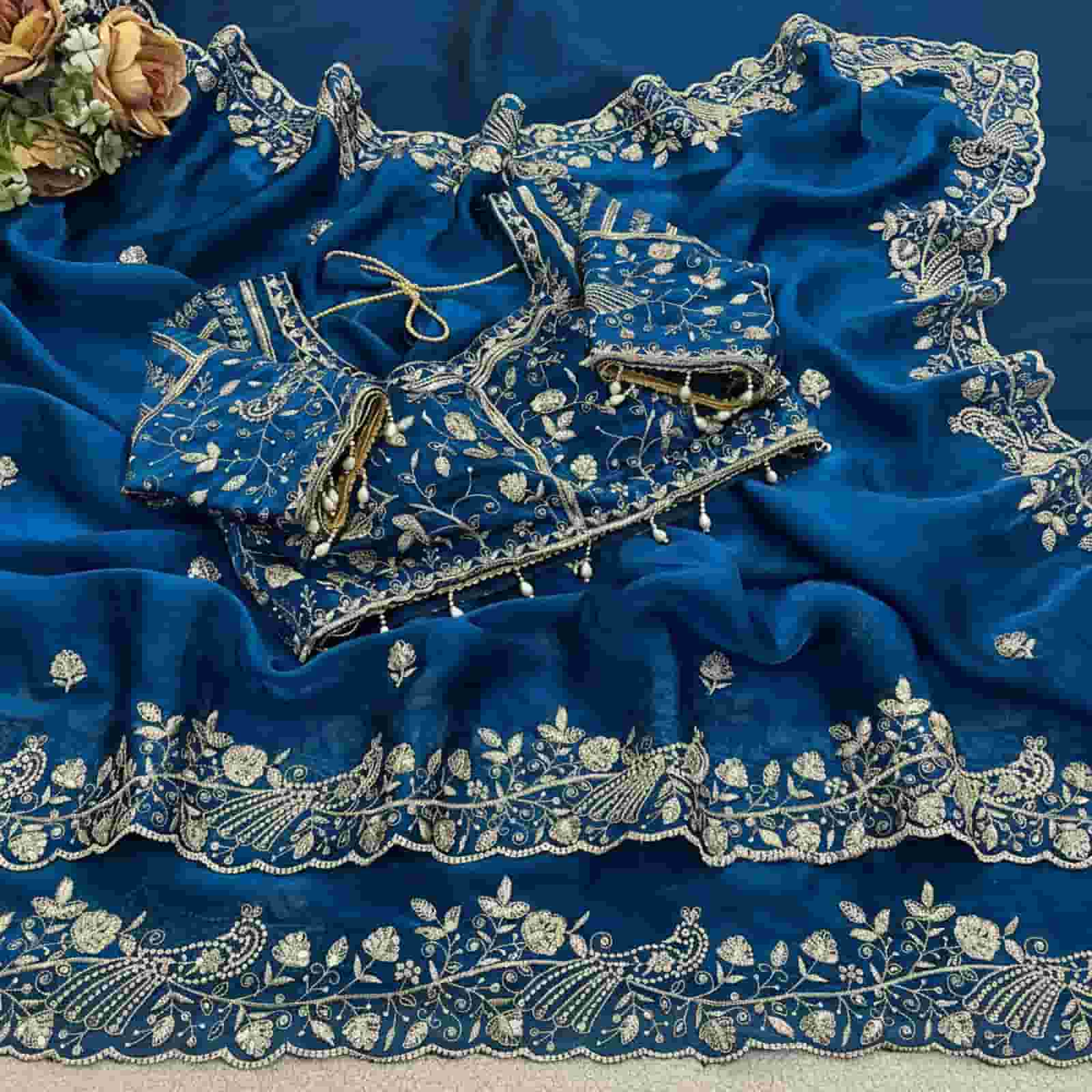 Royal Blue Embroidered Saree with Stitched Blouse Size 40