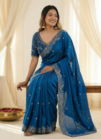 Royal Blue Silk Blend Embroidered Saree