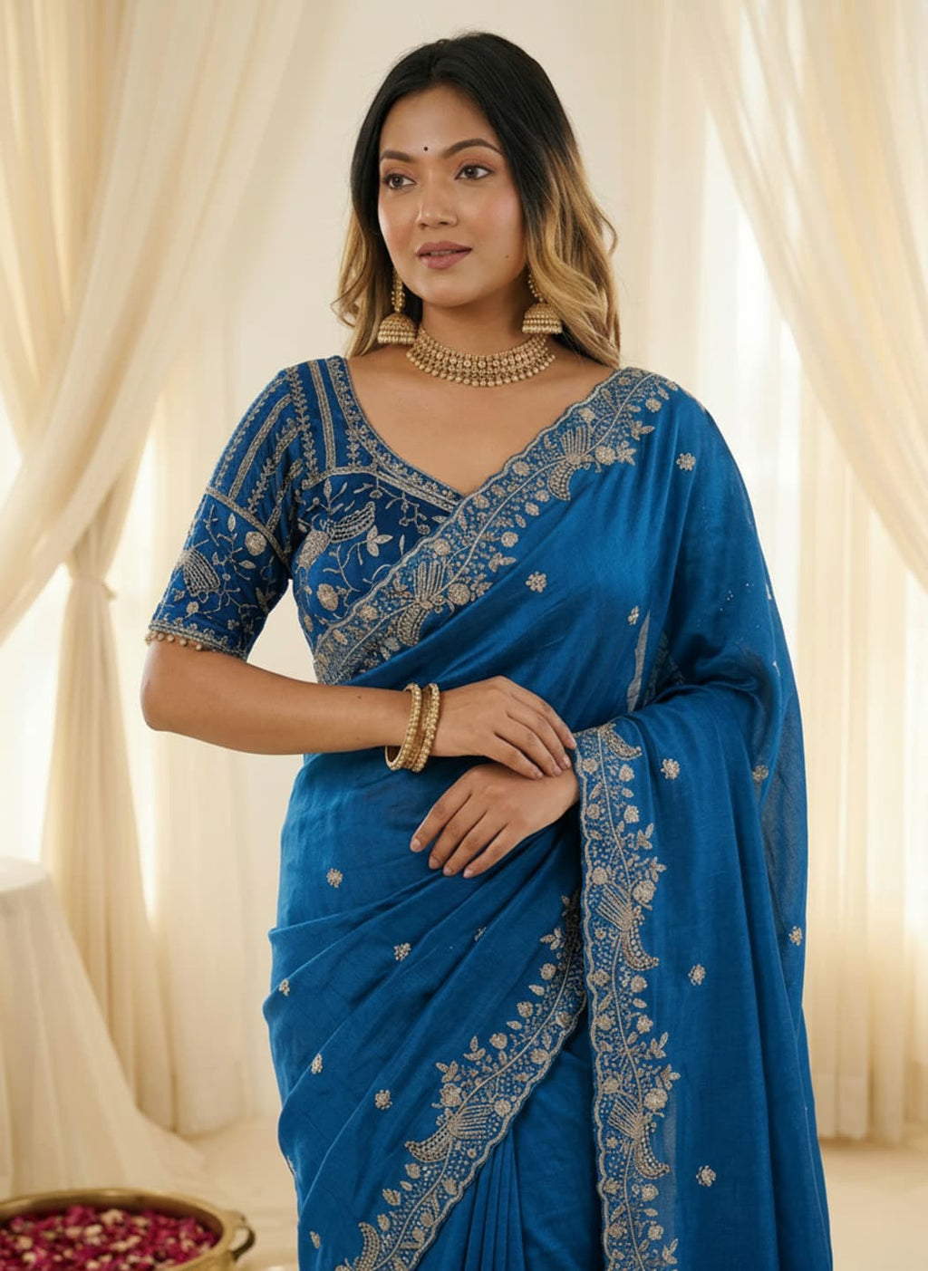Royal Blue Embroidered Saree with Stitched Blouse Size 40