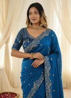 Royal Blue Silk Blend Embroidered Saree