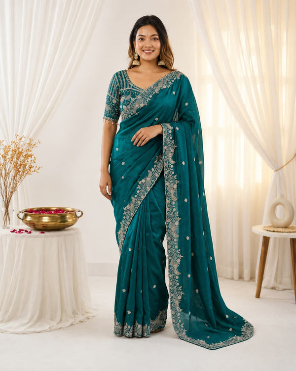 Rama Green Fendy Satin Saree with Designer Embroidery Work - Front View