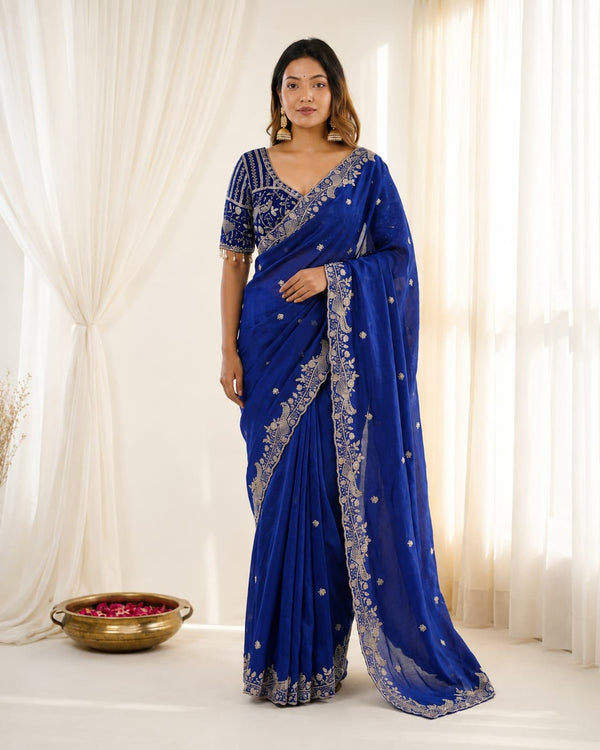 Royal Blue Fendy Satin Saree with Designer Embroidery Work - Front View