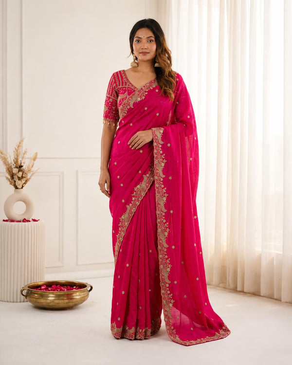 Pink Fendy Satin Saree with Designer Embroidery Work - Front View