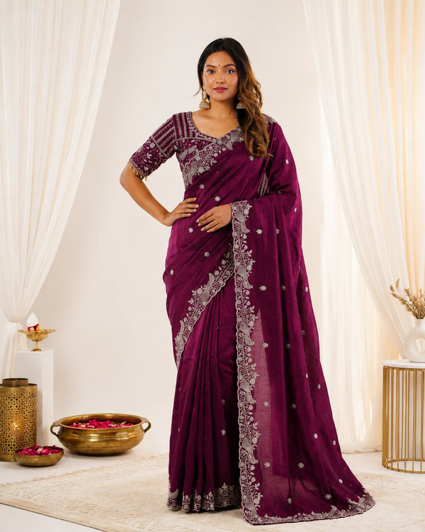 Maroon Fendy Satin Saree with Designer Embroidery Work - Front View