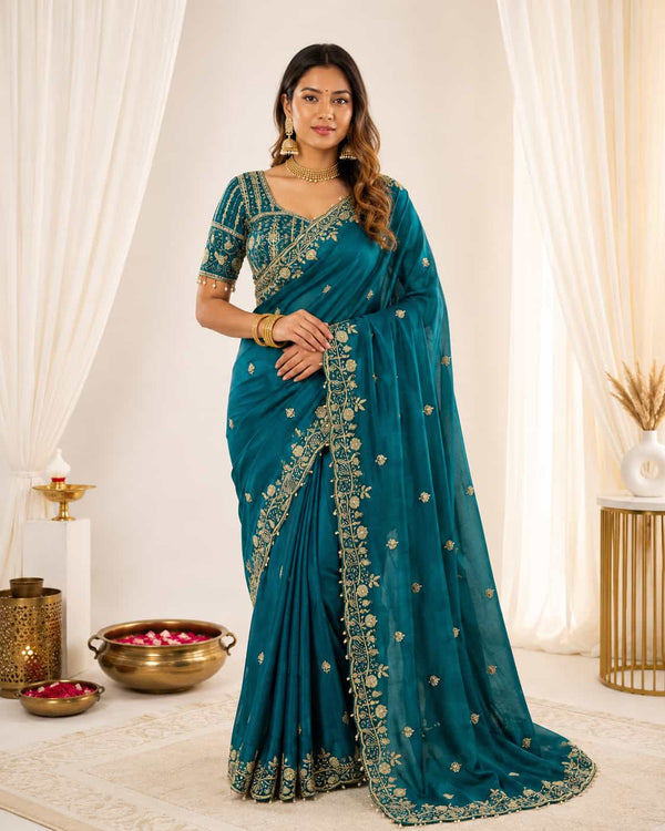 Teal Fendy Satin Saree with Designer Embroidery Work - Front View