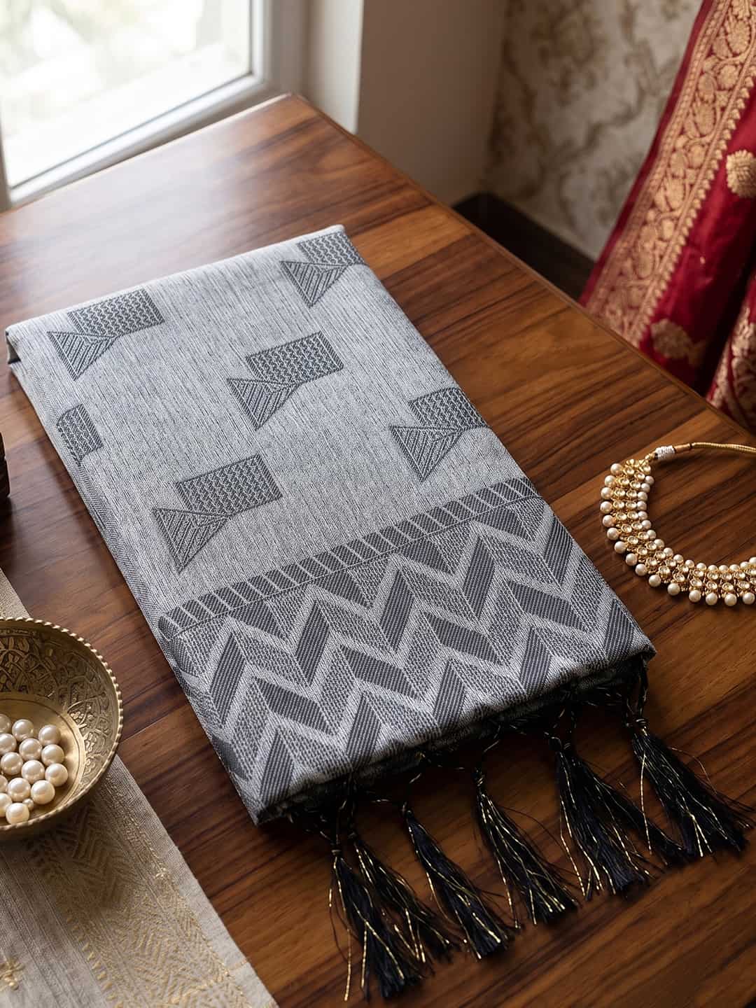 Silver Grey Linen Woven Resham Designer Party Wear Saree with Ash Grey Unstitched Blouse