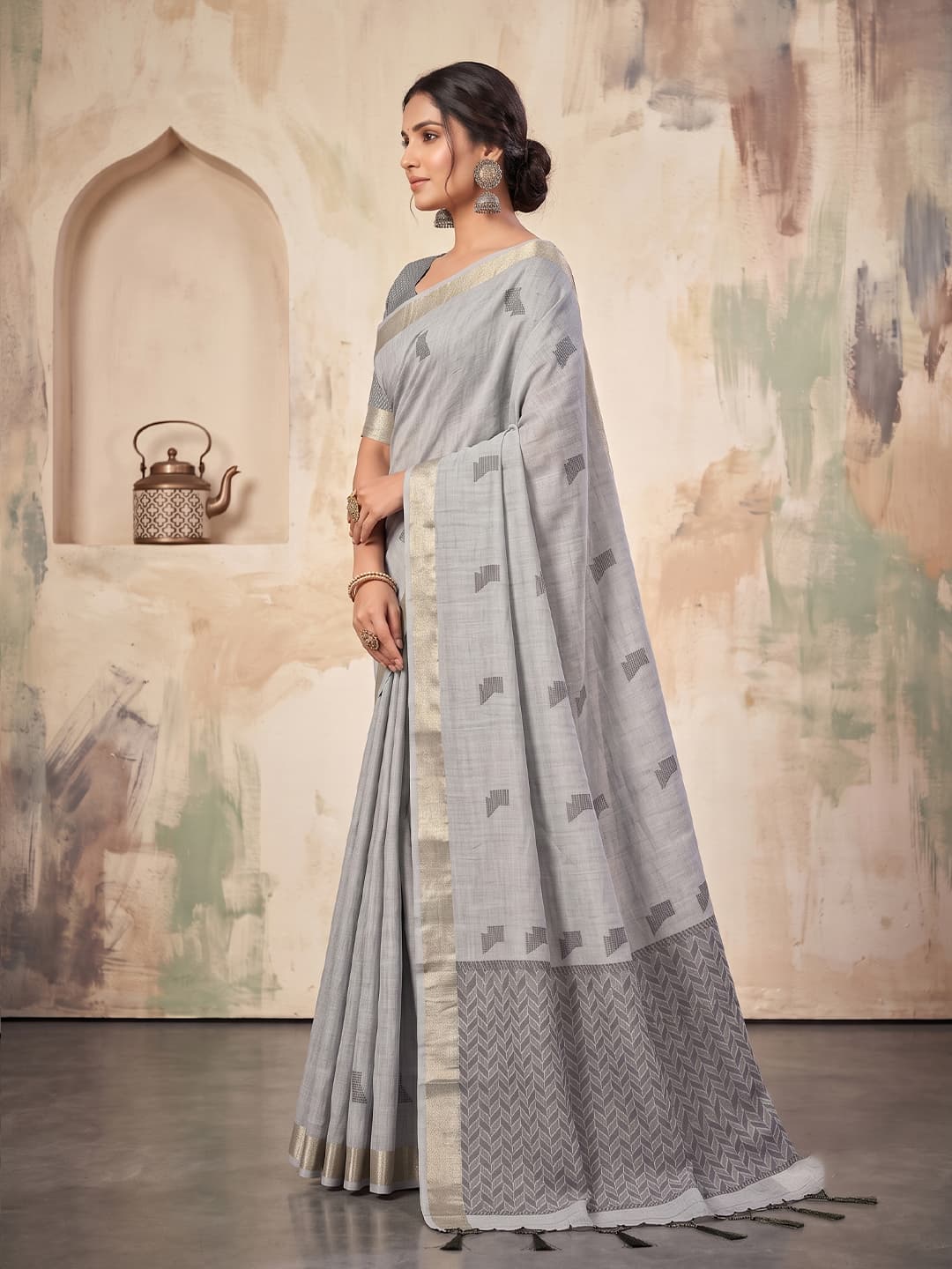 Silver Grey Linen Woven Resham Designer Party Wear Saree with Ash Grey Unstitched Blouse