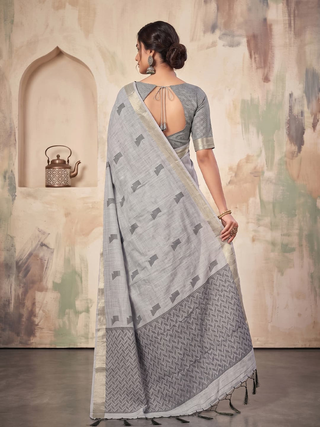 Silver Grey Linen Woven Resham Designer Party Wear Saree with Ash Grey Unstitched Blouse