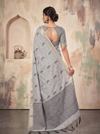 Silver Grey Linen Woven Resham Designer Party Wear Saree with Ash Grey Unstitched Blouse