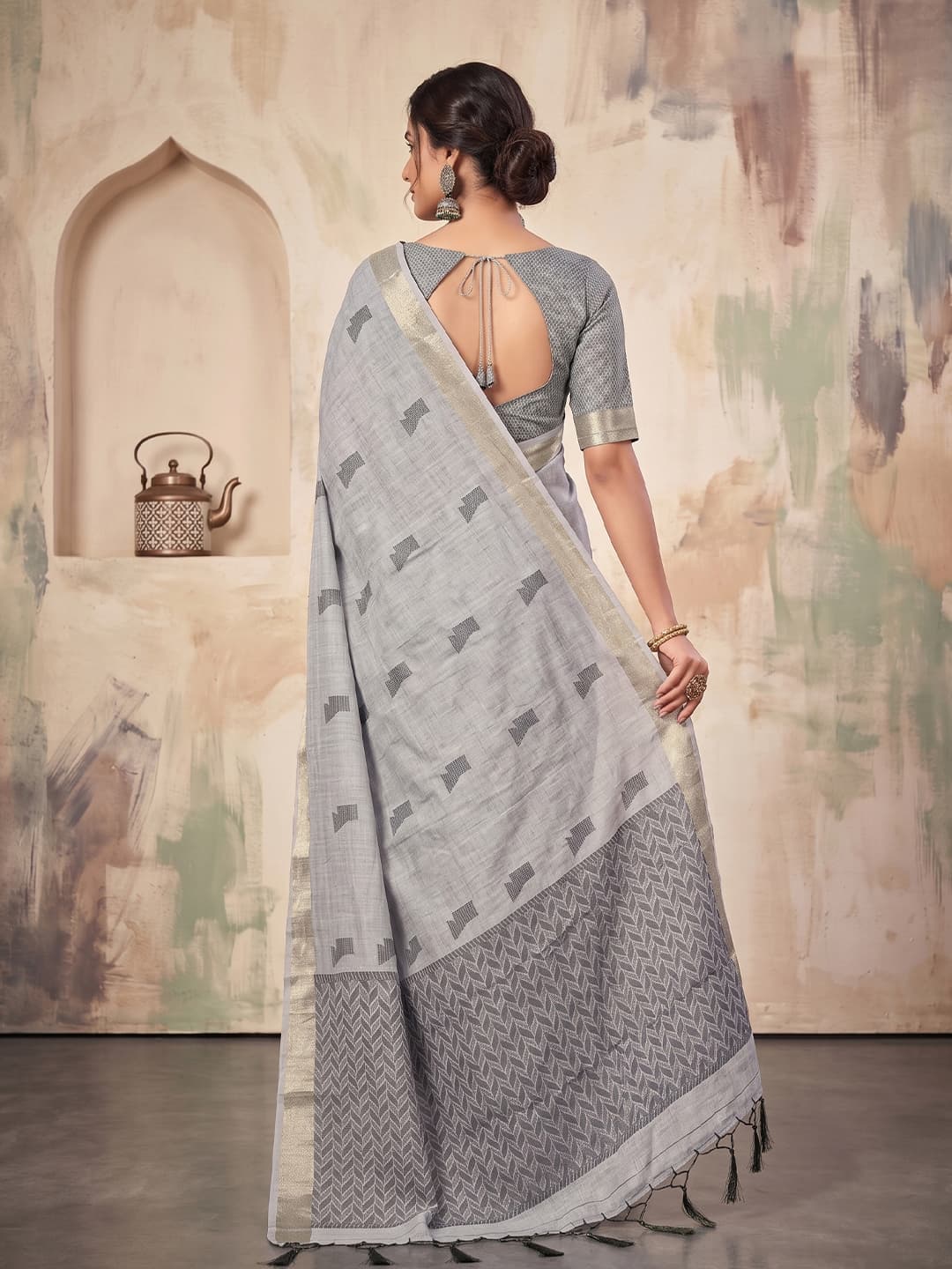 Silver Grey Linen Woven Resham Designer Party Wear Saree with Ash Grey Unstitched Blouse
