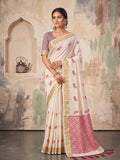 Ivory White Linen Woven Resham Designer Party Wear Saree with Dusty Mauve Unstitched Blouse