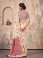 Ivory White Linen Woven Resham Designer Party Wear Saree with Dusty Mauve Unstitched Blouse