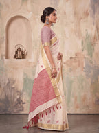 Ivory White Linen Woven Resham Designer Party Wear Saree with Dusty Mauve Unstitched Blouse