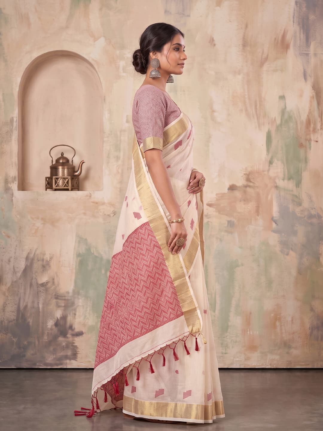 Ivory White Linen Woven Resham Designer Party Wear Saree with Dusty Mauve Unstitched Blouse