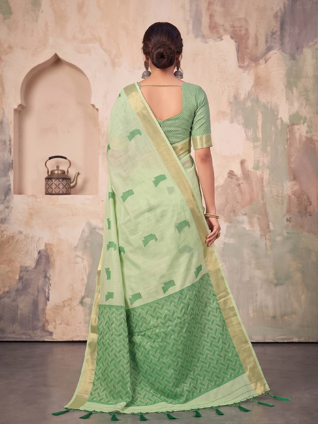 Pistachio Green Linen Woven Resham Designer Party Wear Saree with Leaf Green Unstitched Blouse