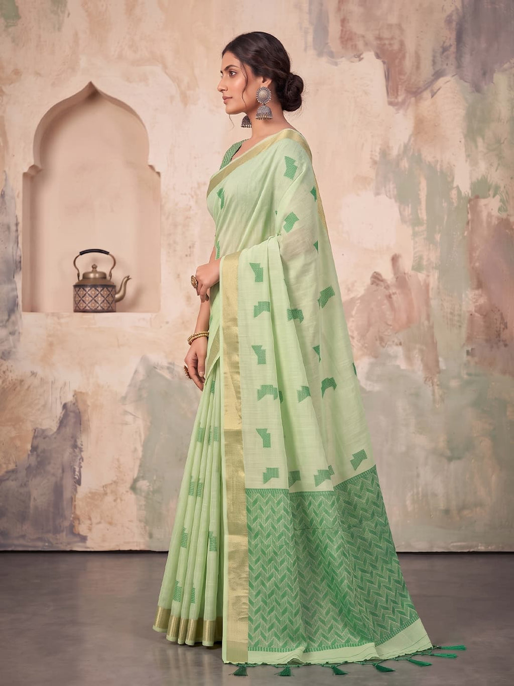 Pistachio Green Linen Woven Resham Designer Party Wear Saree with Leaf Green Unstitched Blouse