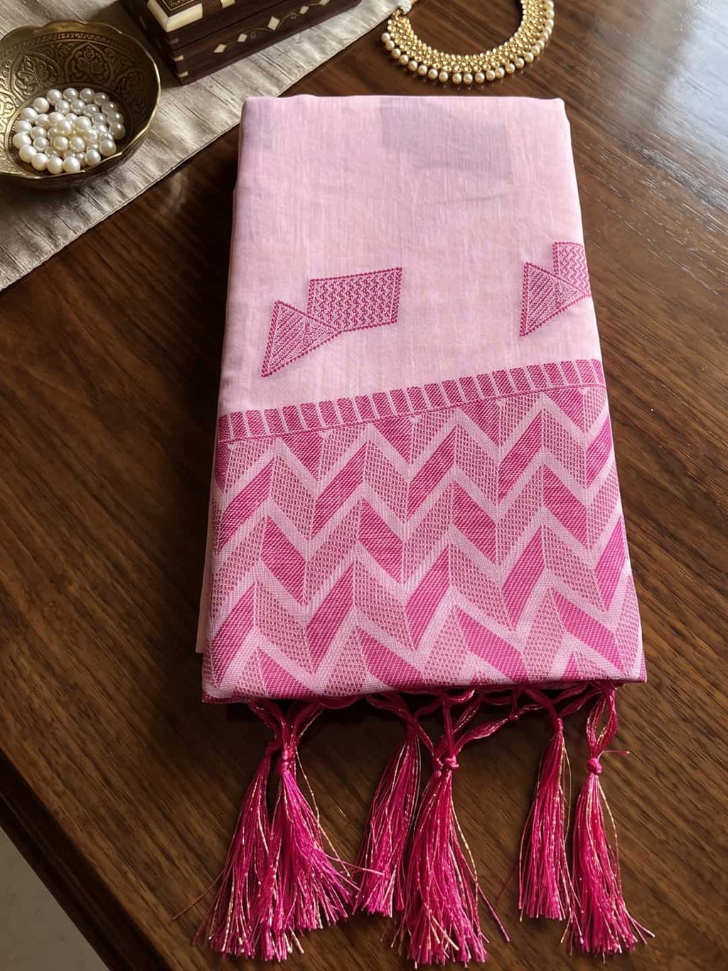 Blush Pink Linen Woven Resham Designer Party Wear Saree with Rose Pink Unstitched Blouse