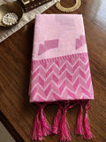 Blush Pink Linen Woven Resham Designer Party Wear Saree with Rose Pink Unstitched Blouse