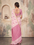 Blush Pink Linen Woven Resham Designer Party Wear Saree with Rose Pink Unstitched Blouse