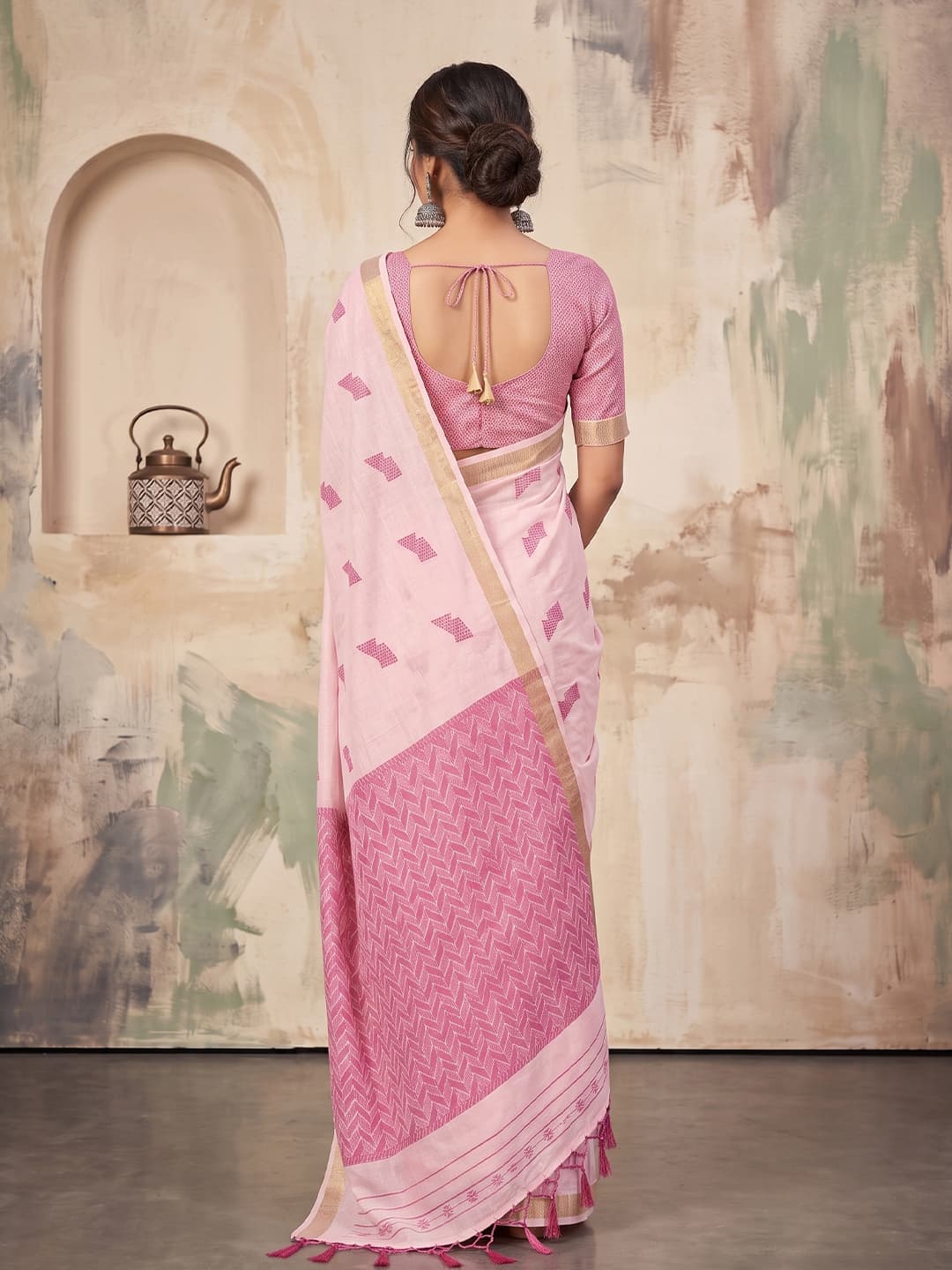 Blush Pink Linen Woven Resham Designer Party Wear Saree with Rose Pink Unstitched Blouse
