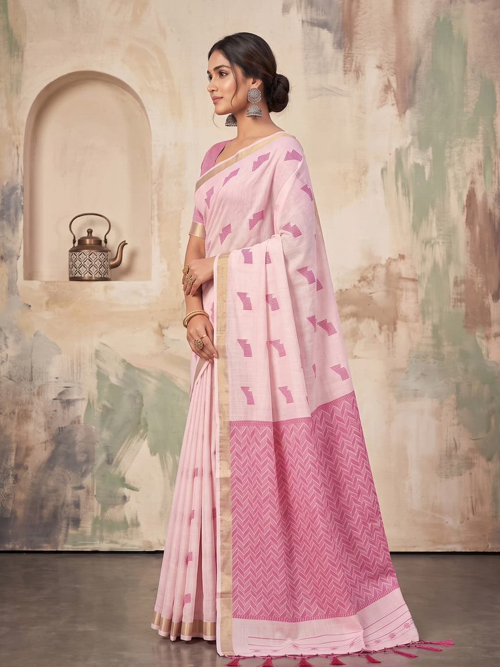 Blush Pink Linen Woven Resham Designer Party Wear Saree with Rose Pink Unstitched Blouse