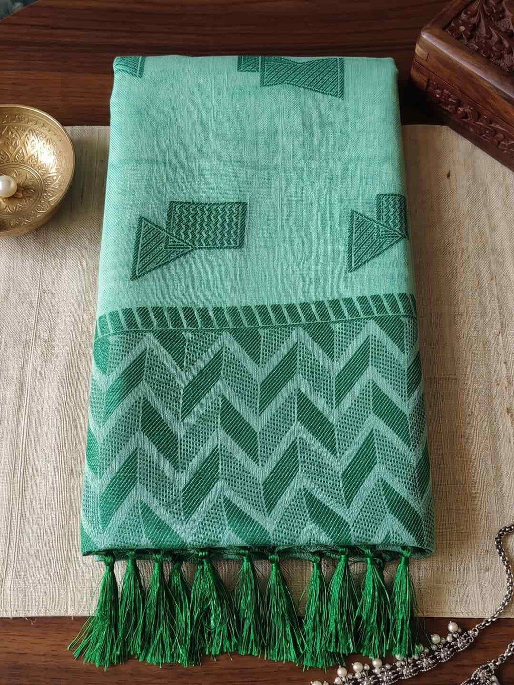 Aqua Mint Linen Woven Resham Designer Party Wear Saree with Emerald Teal Unstitched Blouse