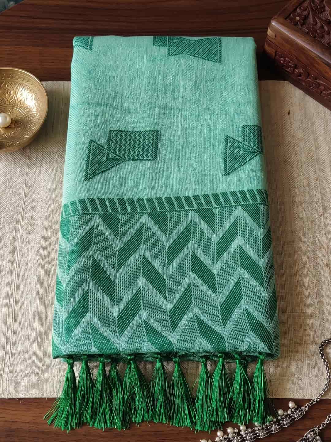 Aqua Mint Linen Woven Resham Designer Party Wear Saree with Emerald Teal Unstitched Blouse