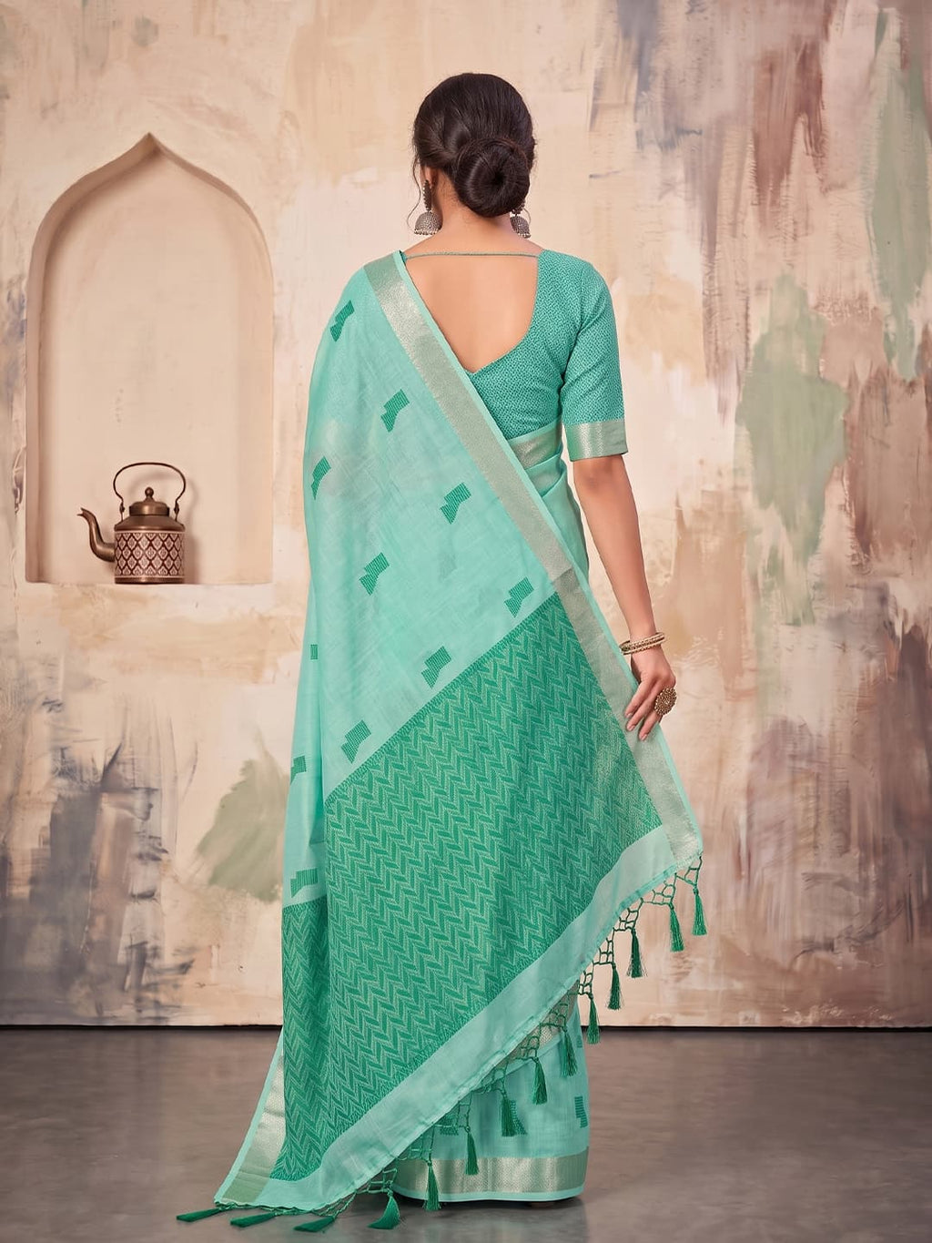 Aqua Mint Linen Woven Resham Designer Party Wear Saree with Emerald Teal Unstitched Blouse